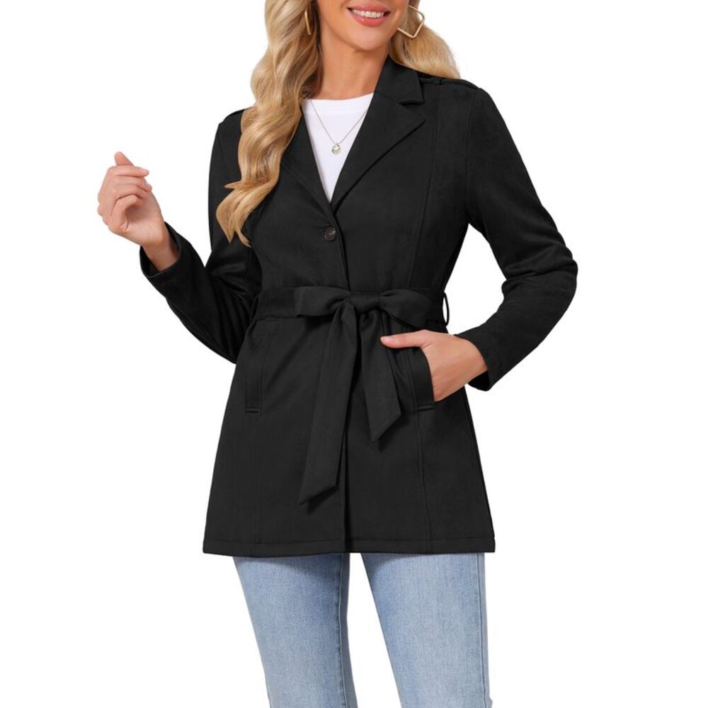Women's Lapel Suede Work Coat with Belt Faux Suede Jackets Black